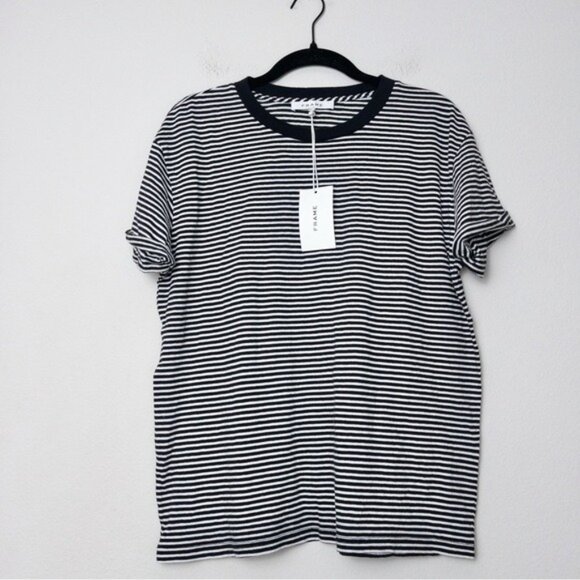 NWT Frame Slouchy Crew Tee M Noir Multi Striped Tshirt Cotton Pinstripe - Picture 3 of 10